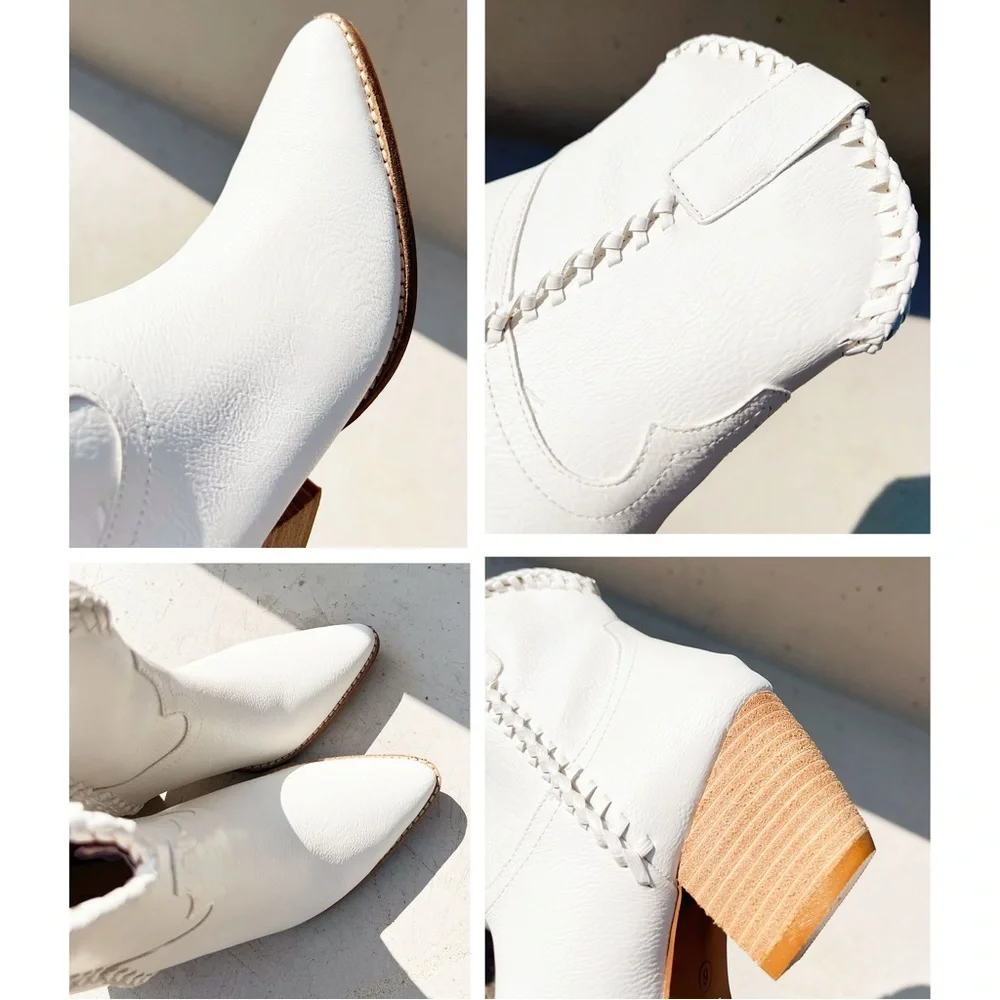 NEW Western Cowboy Whipstitched Ankle Boots
Pointy Toe Block Heel Distress White - Picture 12 of 16